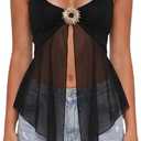 Women Halter Top Y2k Flowy Sheer Mesh Split Hem Backless Going Out Tops Festival Clubwear (Black, S)