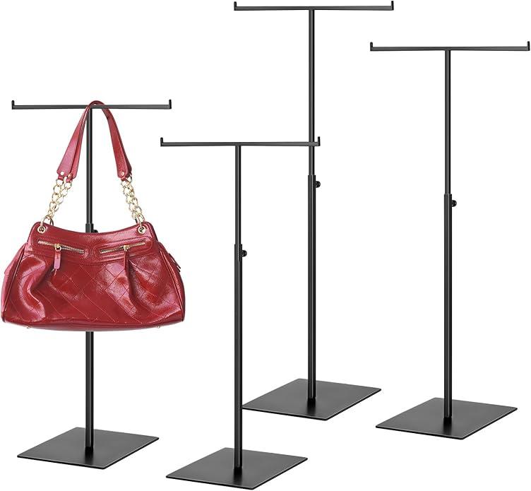 Leinuosen 4 Pcs Tabletop Purse Display Stand Metal T Bar Handbag Display Stand Holder Adjustable Height Double Hook Hanging Jewelry Stands for Home Store Boutique Counter