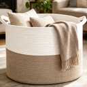 Large Woven Blanket Basket,65L Cotton Rope Laundry Basket Hamper with Handles, Decorative Nursery Basket Storage Bin for Toys, Clothes Organizer, Living Room, Bedroom, Bathroom, White & Brown
