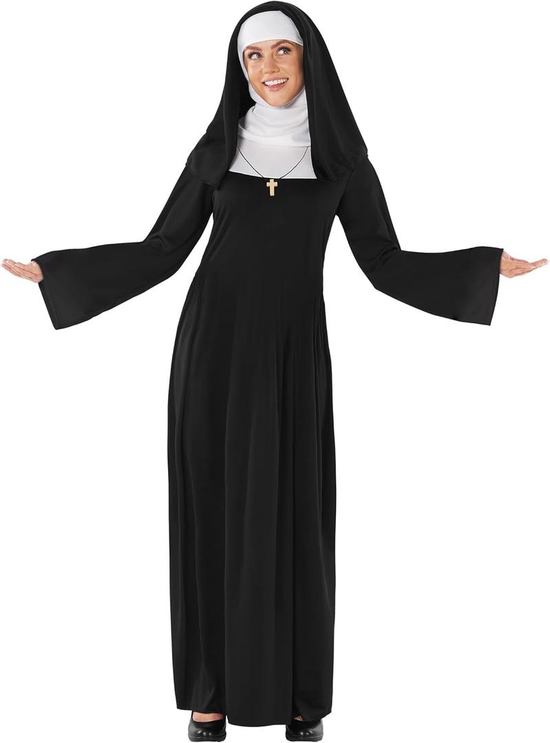 fun shack Nun Costume for Women - Deluxe Religious Outfit with Headpiece, Cross Necklace (Small, Black)