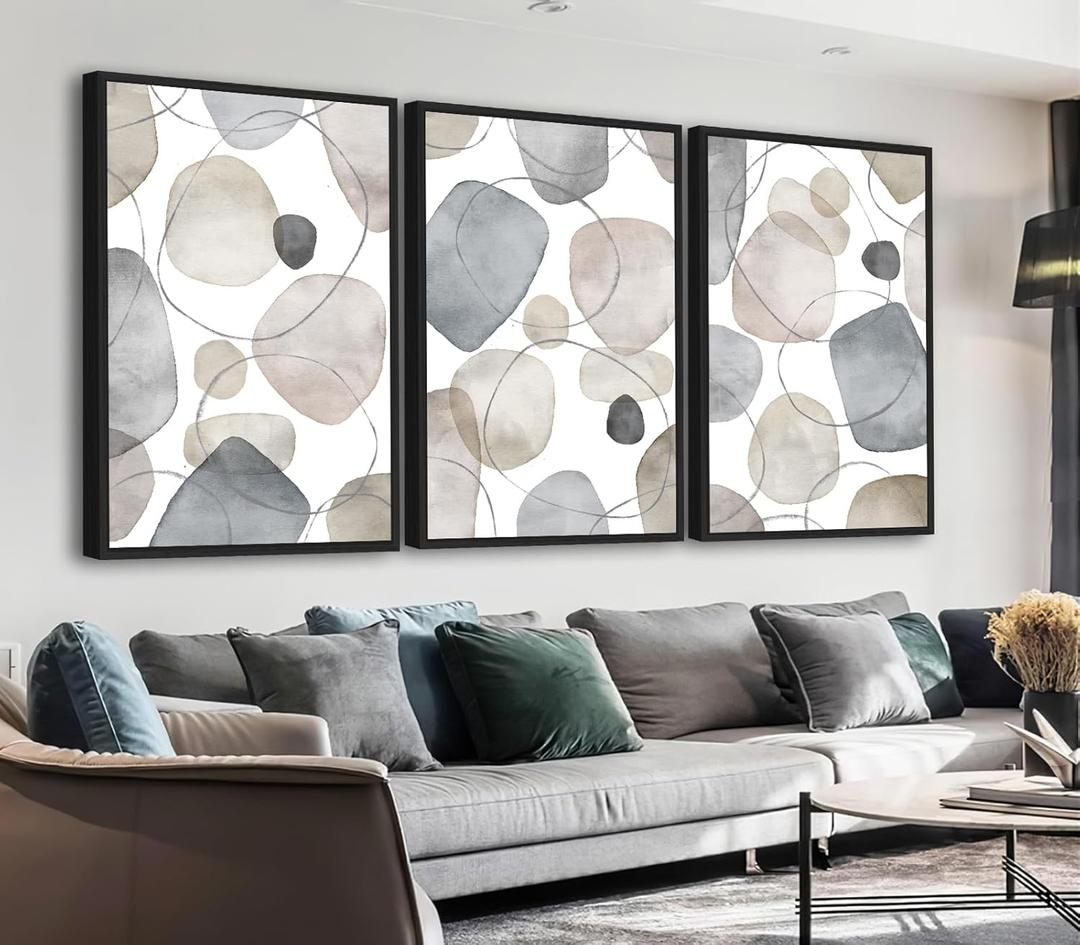 Large Abstract Canvas Wall Art - Geometric Framed Wall Decor Modern Circles and Lines Paintings Light Colors Minimalist Pictures for Living Room Bedroom Office Bathroom 20" X 28" X 3 Panels (20" X 28" X 3pcs Framed, beige)