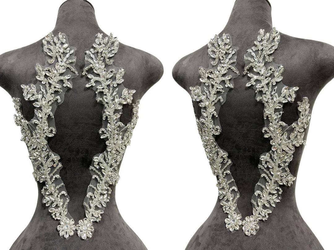Handmade Beaded Crystal Patches with Rhinestone Applique Designs for Prom Formal Dress 1pair/Bag (Silver)
