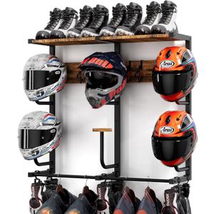 Motorcycle Helmet Rack with 6 J-hooks& 6 Clip Hooks Wall Mounted Helmet Holder Stand for 6 Helmets, Riding Suits & Accessories, Sturdy Construction Storage Organizer for Entryway or Garage