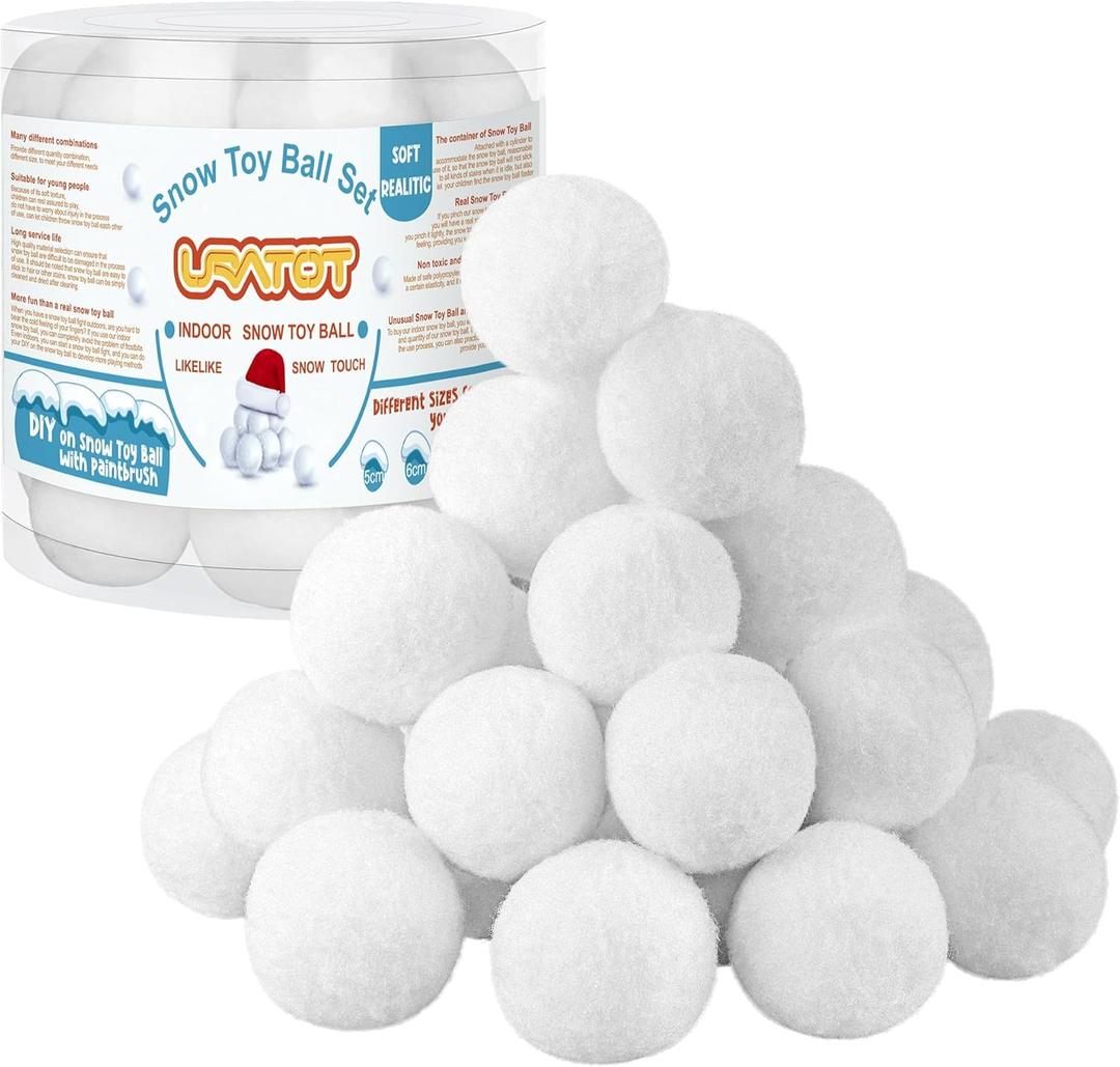 URATOT 25 Pack Snow Toy Balls for Kids Indoor, Plush Snow Fake Balls Soft Artificial Snow Fight Balls Set with Boxes for Winter Interactive Throwing Games