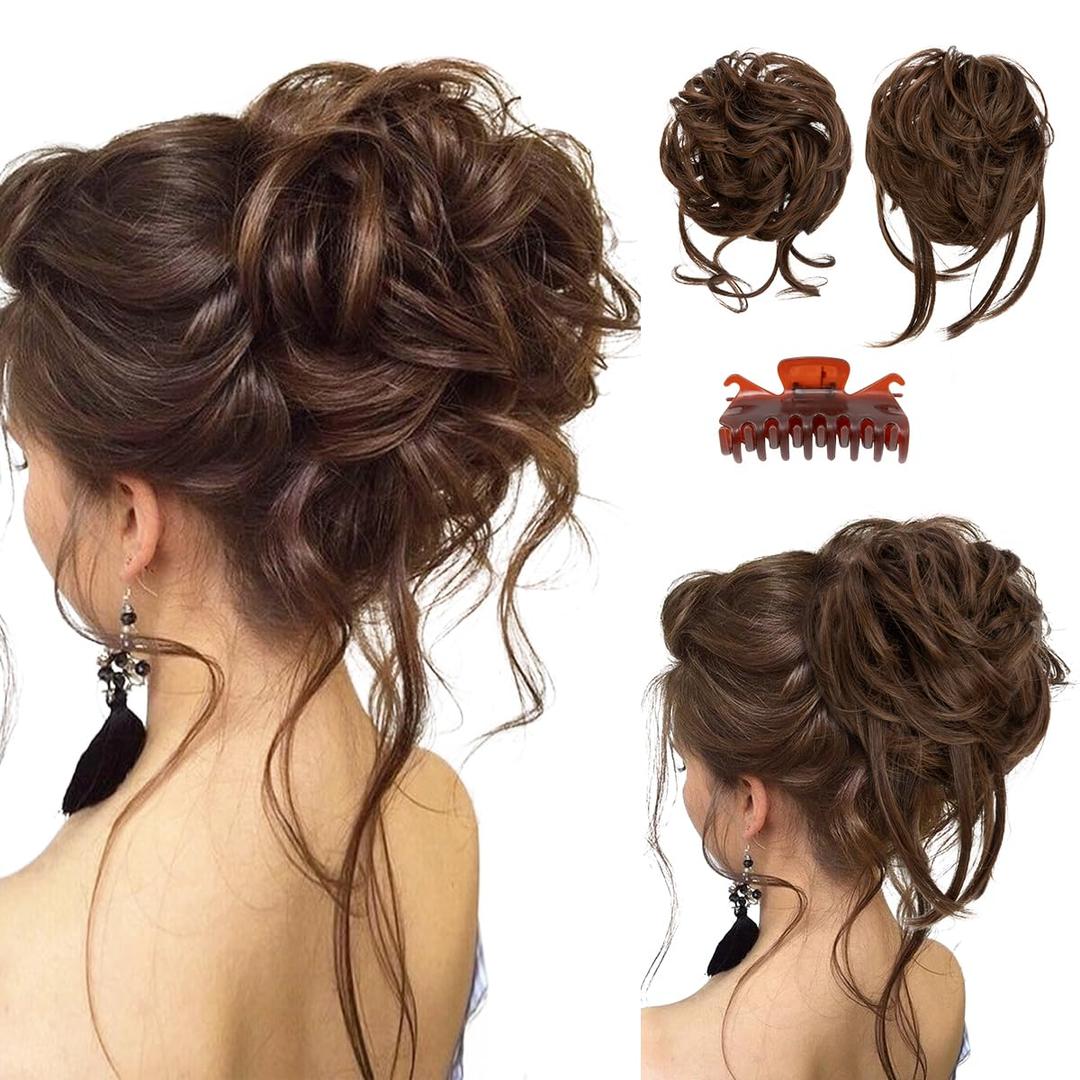 SARLA 2PCS Messy Bun Hair Pieces for Women Detachable Claw Clip Wavy Curly Synthetic Hairpieces for Updos with Tendrils Fake Scrunchies Ponytail Extension Chocolate Multi