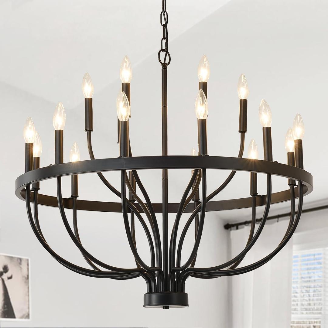 HHR 18-Light Farmhouse Foyer Chandelier Entryway High Ceiling 32 Inch, Modern Black Chandelier for Dining Room, Candle Light Fixtures for Bedroom Hallway Kitchen Living Room