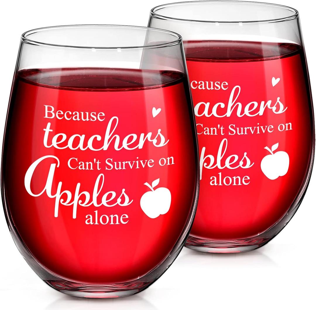 Stemless Glasses, Teacher Appreciation Gift for Teacher Week, Birthday, Christmas, 17 oz Glass for Appreciating, Professor, Instructor, Mentor, Set of 2(Because Teachers)