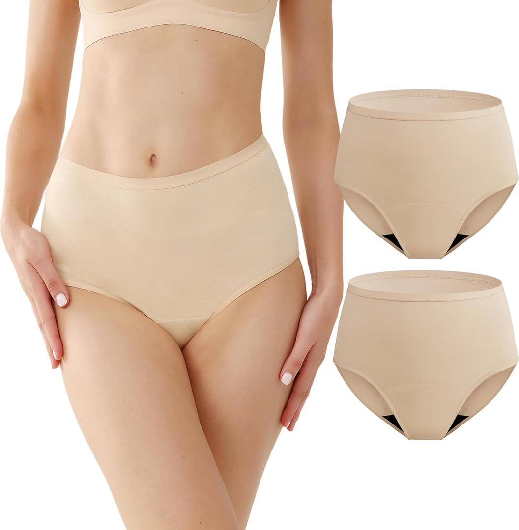 Womens Incontinence Underwear Washable, 2 oz Absorbency Leakproof Panties for Female Urinary Leakage 2 Pack (Beige, L)