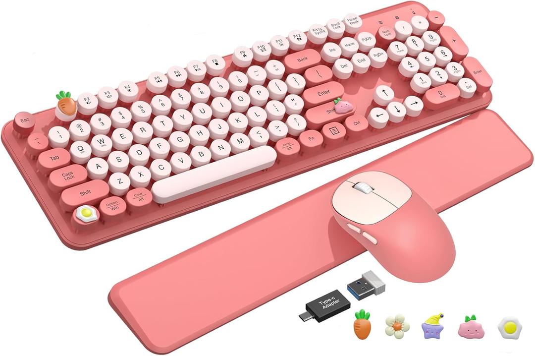 Wireless Keyboard and Mouse Combo, Typewriter Keyboard with Magnetic Wrist Rest, Full-Size Retro Round Keycaps, Smart-Sleep, 2.4GHz Stable Connection for Mac/Windows/PC, Trueque (Blush Pink)