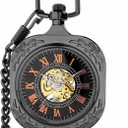 VIGOROSO Vintage Pocket Watch with Chain Mechanical Pocket Watches for Men | Classic steampunk skeleton pocket watches, Open face hand wind up analog pocketwatch with Roman No. dial, Gifts for women men