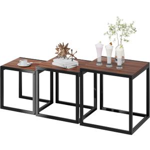 Nesting Coffee Table Set of 3, Stacking Metal Side Tables, Walnut, 17.72" W x 17.72" D x 19.69" H
