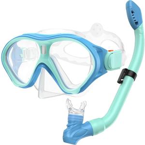 Gintenco Snorkeling Gear for Kids, Dry Top Kids Snorkel Set for Age 6-14, Anti-Fog Tempered Glass Swimming Goggles Anti Leak Diving Mask 180 Degree View for Youth Toddler Girls Boys (Dark Blue/Light Green)