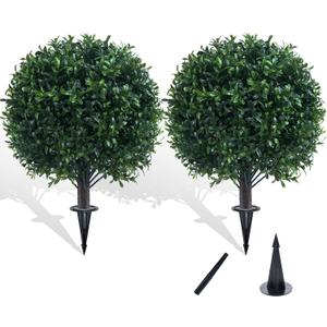 Chillchard Artificial Boxwood Topiary Ball Bush for Outdoor with Spike, UV Resistant Faux Boxwood Ball Tree with Stake for Outside Set of 2, Weatherproof Round Fake Shrubs for Entryway Front Porch