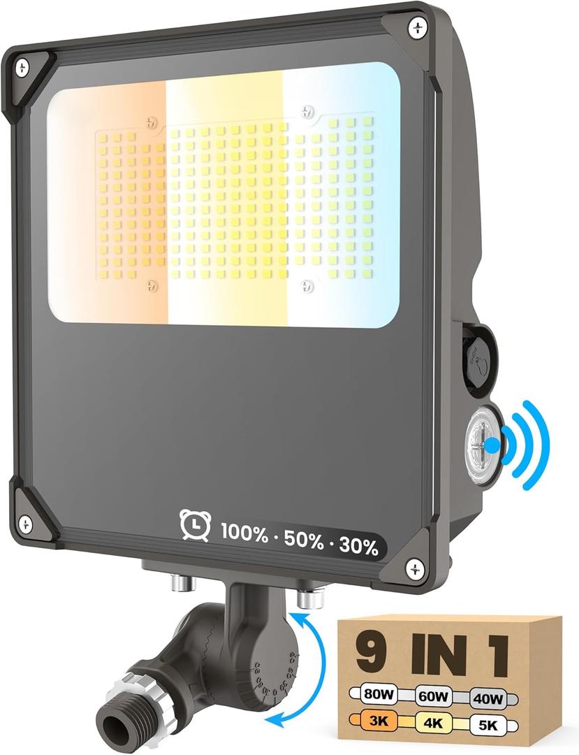 YARBO 9-in-1 LED Flood Light, 80W/60W/40W & 5000K/4000K/3000K Selectable, Timer Dimming & Dusk-to-Dawn Photocell, 12000LM IP65 Waterproof ETL Listed AC100-277V, Knuckle Mount for Patio Garage Backyard