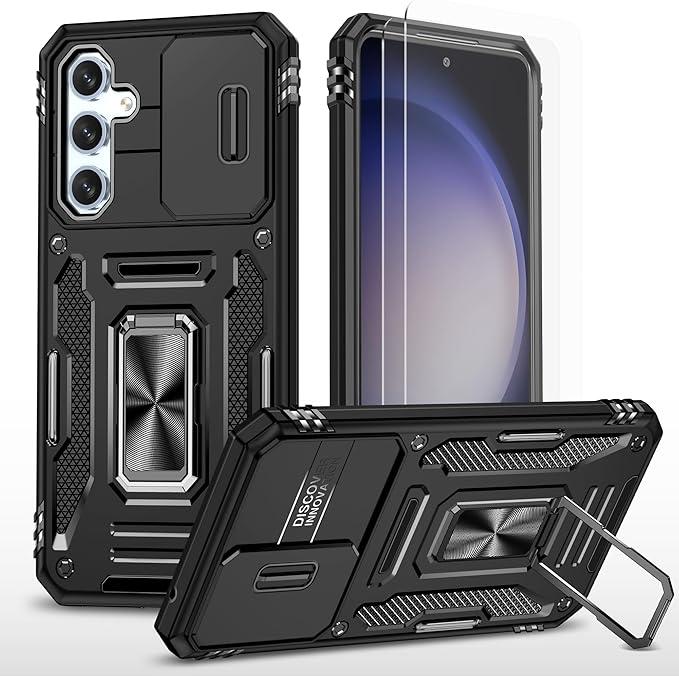 Ezanmull for Samsung Galaxy S24 FE Case with Slide Camera Cover + Screen Protector(2 Packs), Rotated Ring Kickstand Military Grade Shockproof Protective Cover for Samsung Galaxy S24 FE