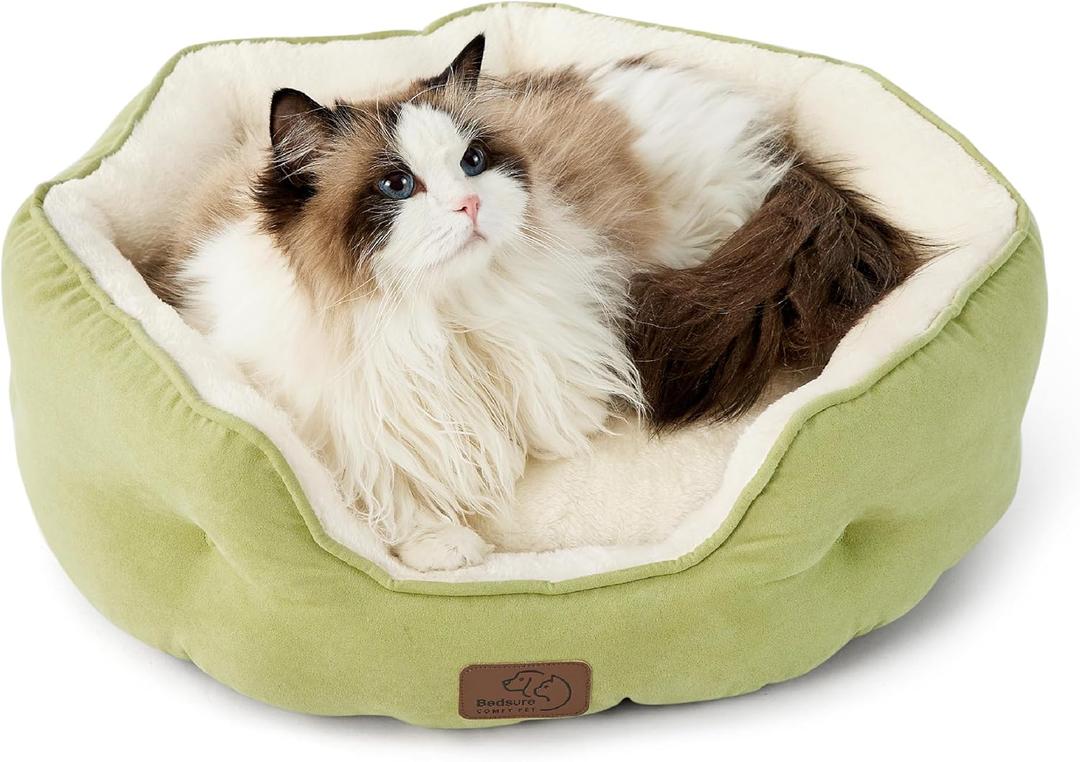 Bedsure Dog Beds for Small Dogs - Round Cat Beds for Indoor Cats, Washable Pet Bed for Puppy and Kitten with Slip-Resistant Bottom, 20 Inches, Green (Aspen Sprout)