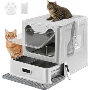 Stainless Steel Litter Box with Lid and Pull-Out Drawers, XL Metal Litter Box Top Entry for Big Cats, Leak-Proof Baffles for Easier Cleaning, with Litter Mat & Scoop (gray)