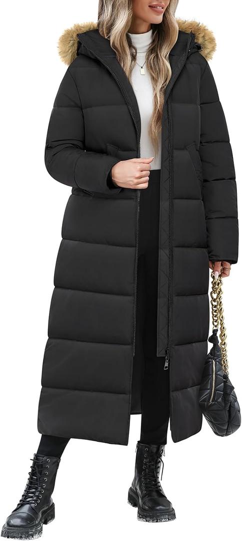 Long Winter Coats for Women Maxi Length Puffer Coat Warm Quilted Jacket Ladies Full Length Down Fur Hood Trendy 2026 (Large, Black)