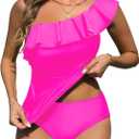 Yonique Women's Two Piece Swimsuits One Shoulder Tankini Tummy Control Bathing Suits Ruffle Swimwear (Pink, L)