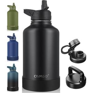 CIVAGO 64 oz Insulated Water Bottle With Straw, Half Gallon Stainless Steel Sports Water Flask Jug with 3 Lids (Straw, Spout and Handle Lid), Large Metal Thermal Cup Mug, Midnight Black