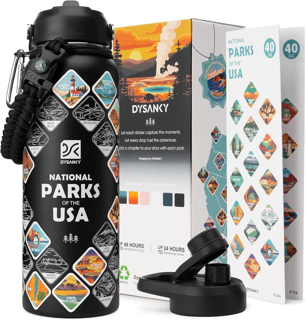 National Parks Water Bottle  40 oz Insulated Stainless Steel Water Jug with 63 Hand-Drawn Park Stickers, Outdoor Accessories & Gift Box  BPA-Free  Ideal for Hiking, Camping & Travel (Advanced Black)
