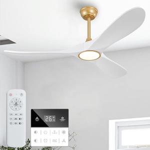 52 Inch Ceiling Fans with Lights and Remote, Dimmable 3 Blade Wood Outdoor Ceiling Fan for Patios Low Profile Modern Ceiling Fan with Light for Bedroom Living Room Indoor Gold White