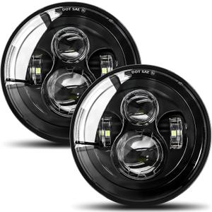 UNI-SHINE 2pcs Projector 7 Inch LED Headlights Hi/Lo Beam 7 Round Headlight H6024 LED Headlight Compatible with Jeep Wrangler JK CJ TJ fit for Miata, Chevy S2 (Black (no halo))