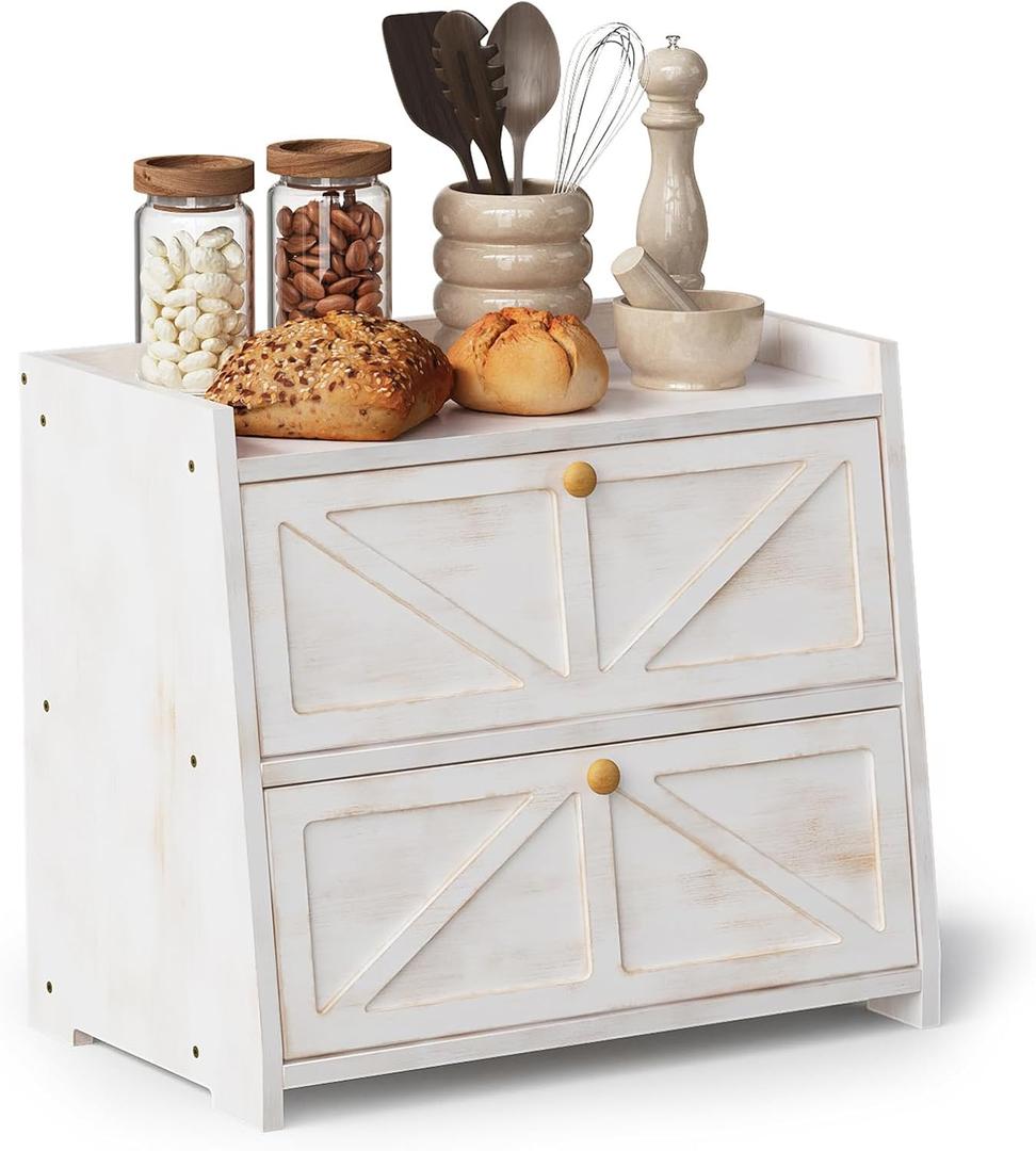 Vintage Double Layer Bread Box for Kitchen Counter Bamboo Bread Storage Container Large Capacity Bread Storage Bin (Antique White),  2 layers of 15.8”L x 9.8”W x 13.8”H