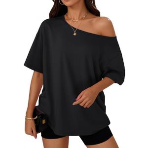 Trendy Queen Womens Off the Shoulder Tops Oversized T-Shirts Short Sleeve Tees Summer 2026 Casual Spring Clothes (Black, XL)