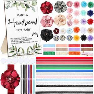 Geosar Baby Shower Games DIY Headband Making Kit Include Wooden Game Sign 60 Elastic Cute Flowers Hairbands 10 Round Fabrics with Tape for Baby Shower Guest Games(Greenery)