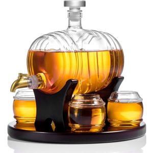 Whiskey Barrel Decanter Set for Home Bar, Unique Birthday Gifts for Men Dad, 1.3 Liter Barrel Liquor Dispenser with 4 Glasses for Bourbon, Scotch, Vodka, Tequila, Rum, Wine, Alcohol
