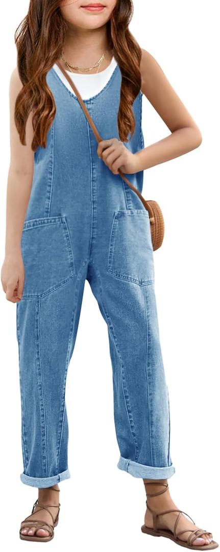 Haloumoning Girls' Denim Overall Jumpsuits Sleeveless V Neck Adjustable Straps Jeans Pants Jumpers with Pockets (4-5T, Light Blue)