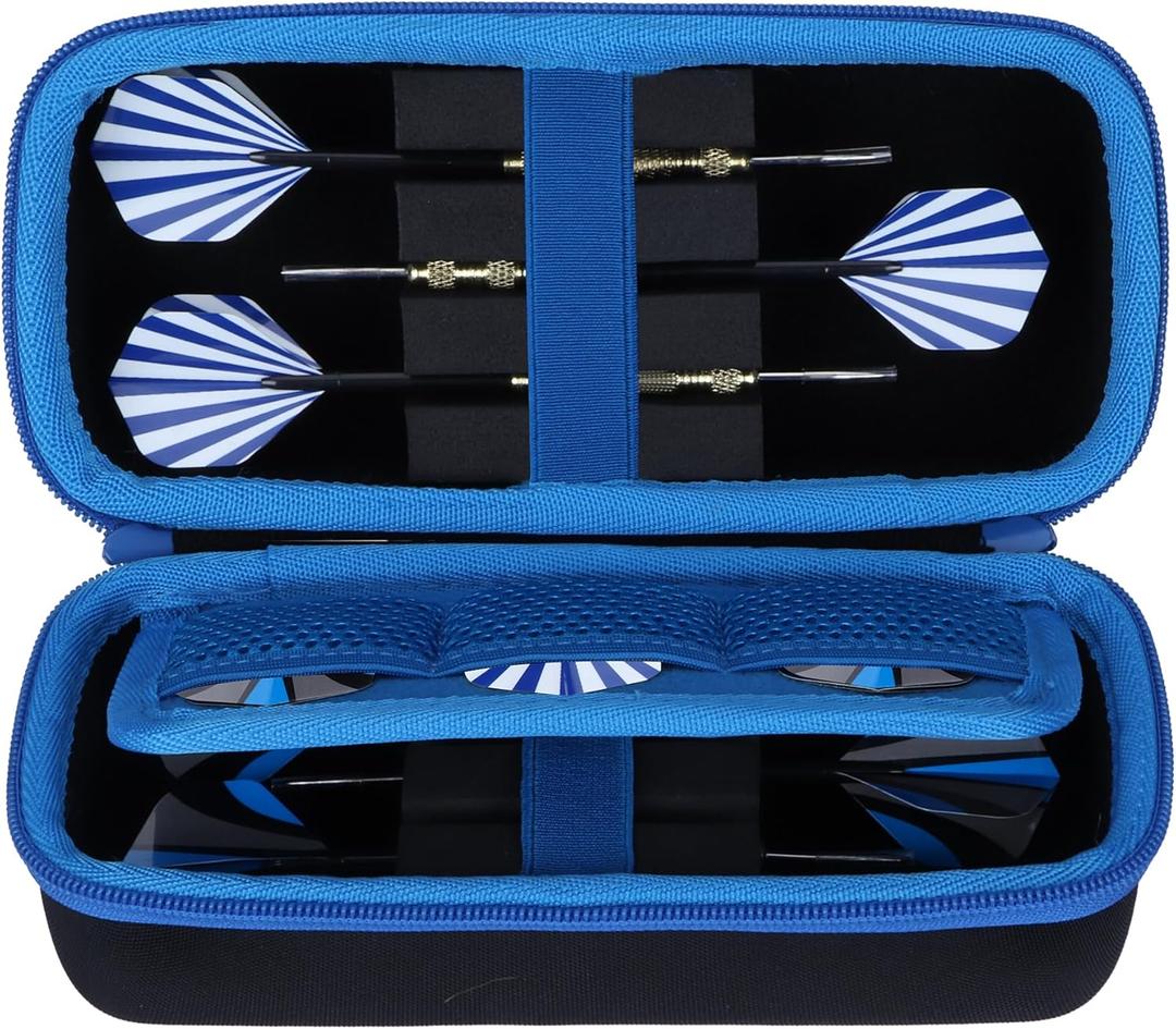 Hard Case Compatible with Steel or Soft Darts Set, Storage Holder Fits Dart Tips Shafts Flights and Accessories (Black + Blue Case)