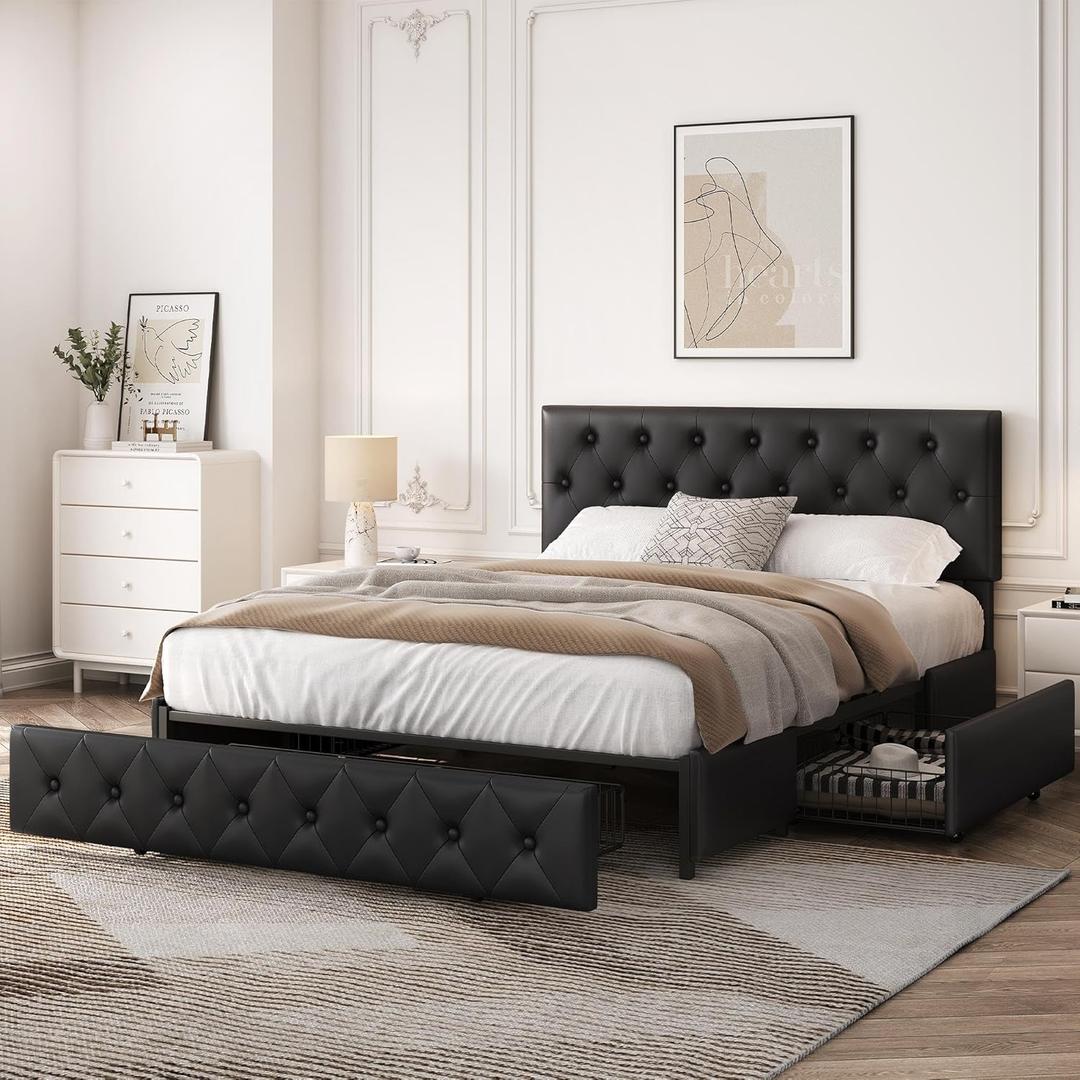 Yaheetech Queen Bed Frame Upholstered Bed Frame with Adjustable Diamond Button-Tufted Headboard/3 Drawers Storage, Queen Platform Bed/Strong Wooden Slats, Black Queen Bed