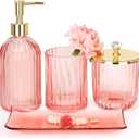 Haturi Bathroom Accessories Set, 4 Pcs Pink Glass Bathroom Accessories Sets Complete w/Lotion Soap Dispenser, Toothbrush Holder, Apothecary Jar, Vanity Tray, Bathroom Decor, Gift for Home Apartment