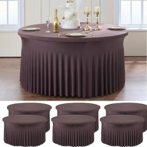 6 Pack Brown Spandex Round Tablecloths for 60 inch Table, Wrinkle Free Stretchy 120inch Fitted 5FT Round Table Cover Cloths with Skirt for Wedding Party Dining Banquet