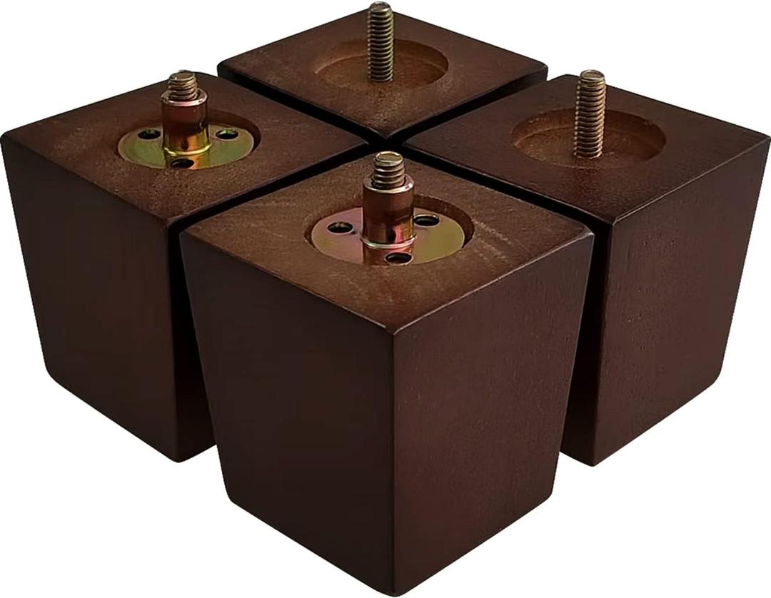 GOSCHE 3 Inch Wood Furniture Feet Sofa Legs Set of 4, Brown Square Couch Legs, Mid Century Modern Dresser Replacement Feet for Chair Armchair Recliner Coffee Table Or Home DIY Projects Bun Feet
