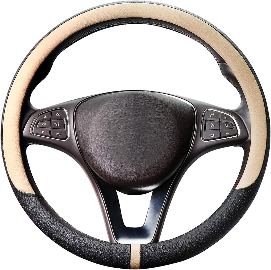 Breathable Car Steering Wheel Cover 15 inch Auto Universal Leather Wrap Non-Slip Steeringwheel Protector Automotive Interior Accessories, Beige (Suit for 14 1/2-15 inch)
