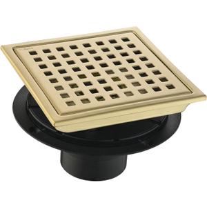6 Inch Square Shower Floor Drain with Flange,Quadrato Pattern Grate Removable,Food-Grade SUS 304 Stainless Steel,Brushed Gold