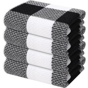 2 x Mordimy 100% Cotton Waffle Weave Kitchen Towels, 13 x 28 Inches, Super Soft and Absorbent Buffalo Check Dish Towels for Drying Dishes, 4-Pack, Black & White