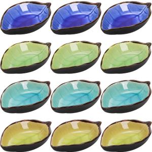 Jucoan 12 Pack Ceramic Soy Sauce Dish, 4 Inch 2 Oz Leaf Shape Small Sauce Dish Salsa Dipping Bowls for Charcuterie Board, Taco, Party, Mini Pinch Bowl for Sushi Oil Vinegar Ketchup Paste Jam