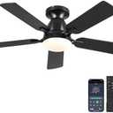 Ceiling Fans with Lights- 46" Low Profile Indoor Ceiling Fan with Light and Remote/APP Control, Flush Mount, LED Dimmable DC Reversible Modern Ceiling Fan for Bedroom（Black）