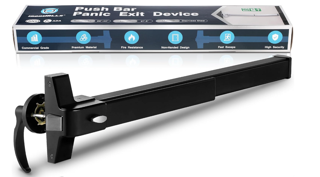IRONWALLS Black Panic Bar for Exit Doors Commercial, 27.5 Stainless Steel Push Bar Panic Exit Device with Exterior Lever Handle, Push Bar Door Lock Panic Door Hardware for 27.5-41 Doors