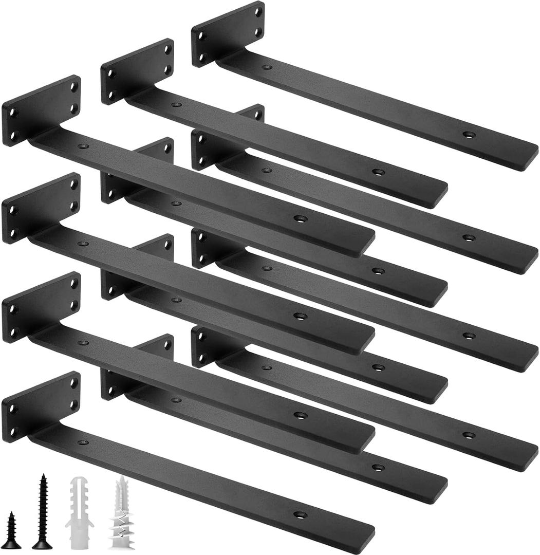 HITOMEN Heavy Duty Floating Shelf Brackets, 12-Inch (1/5'' Thick) Hidden Shelves Hardware, Cast Iron L Brackets, Rustic Industrial Black Metal Wall Shelving Supports, 12 Pack