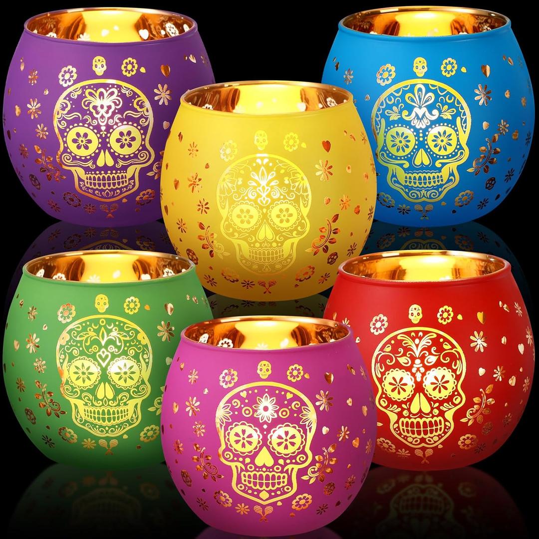 6 Pcs Votive Candle Holder Glass Votive Holder Flameless Candles with 6 Laser Engraving Patterns for Party Decor(Multicolor, Sugar Skull)
