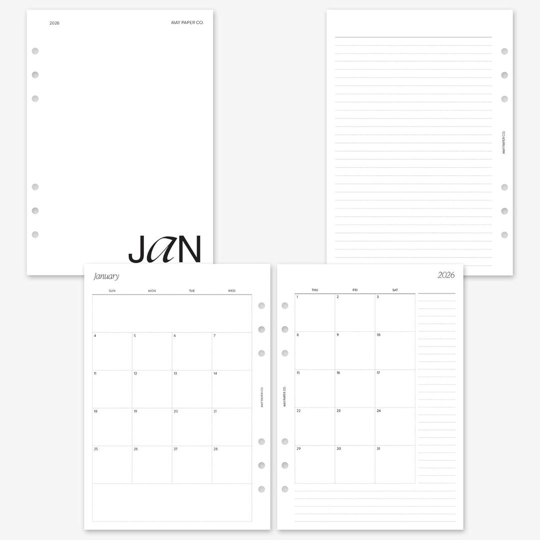 MAY PAPER CO. 2026 A5 Monthly with Notes Planner Refill, Month on Two Page Planner Insert for A5 Filofax and LV GM 6 ringed Agenda 5.8 x 8.3 (Separable Months, Sunday Start)