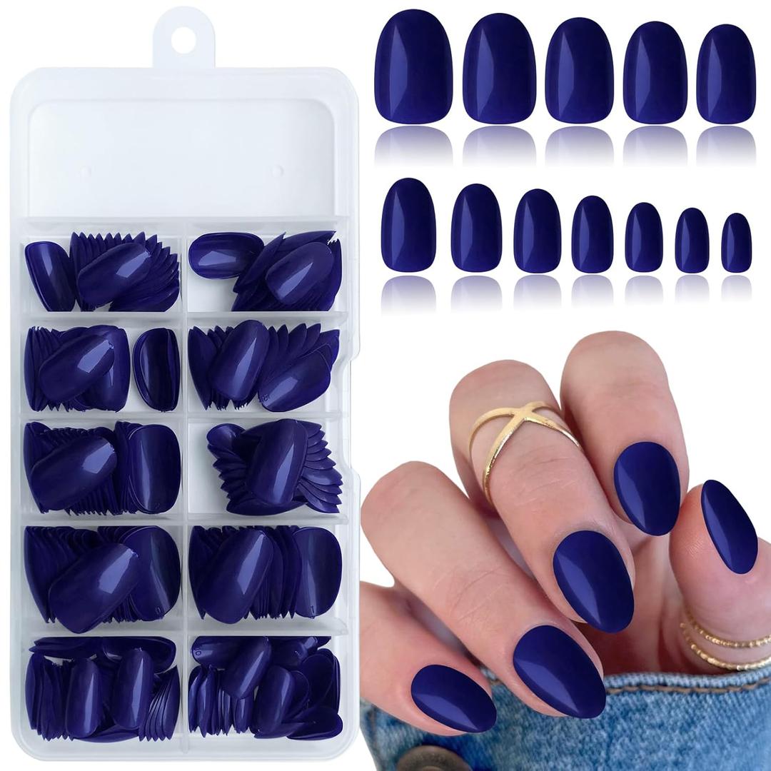Short Press on Nails Almond Fake Nails, 240 Round Almond Press on Nail Short Full Cover Acrylic Presson Nail Tips Navy Blue Artificial False Fingernail Nail Glue Adhesive Tab for Women Kids