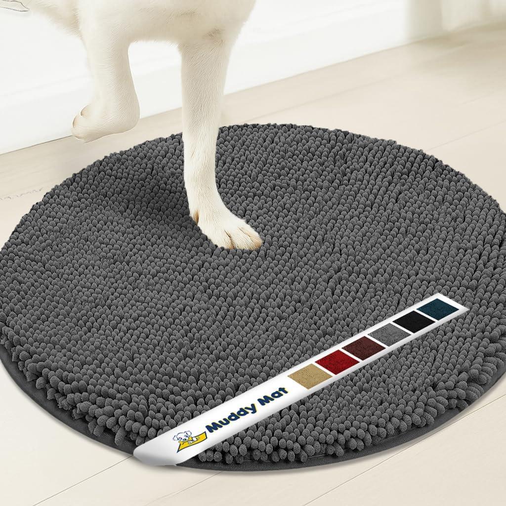Muddy Mat Shown on TV Super Absorbent Microfiber Dog Door Mat for Muddy Paws, Non-Slip Washable Pet Rug, Quick Dry Chenille Entryway Carpet, Machine Washable Indoor Outdoor Mat, Grey Round 6ft