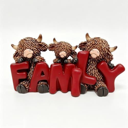 AMJUDOT Highland Cow Figurine Statue Resin Three Cow Statue with Family Letter Animal Home Decor Ornament