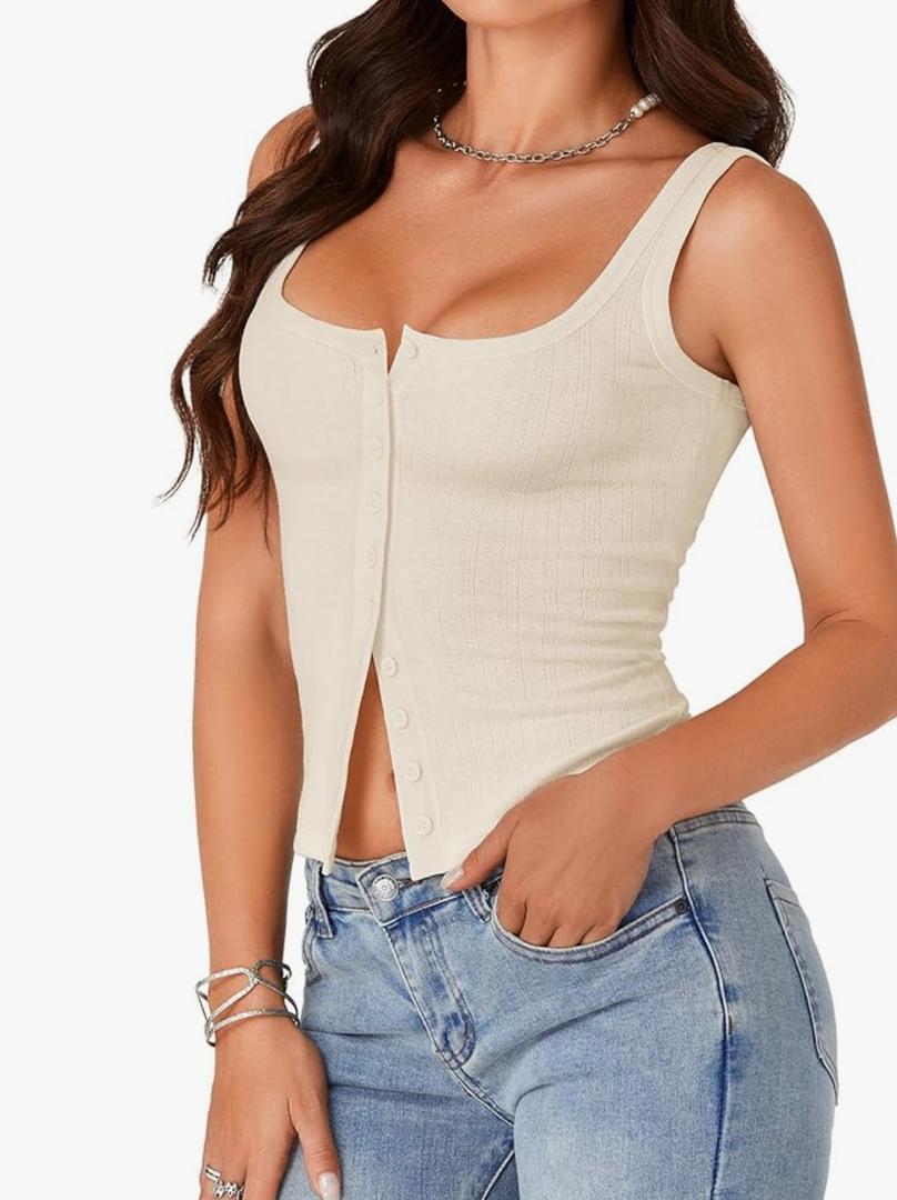 Women's Summer Cute Tops Square Neck Sleeveless Eyelet Button Down Tank Top Blouses Beige Medium.S